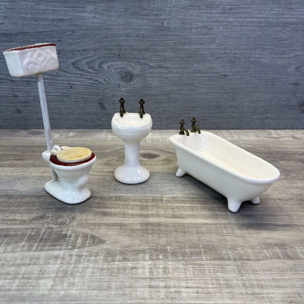 Dollhouse Bathroom 3 Piece Porcelain Set Sink Tub Toilet 1:12 Scale Vintage